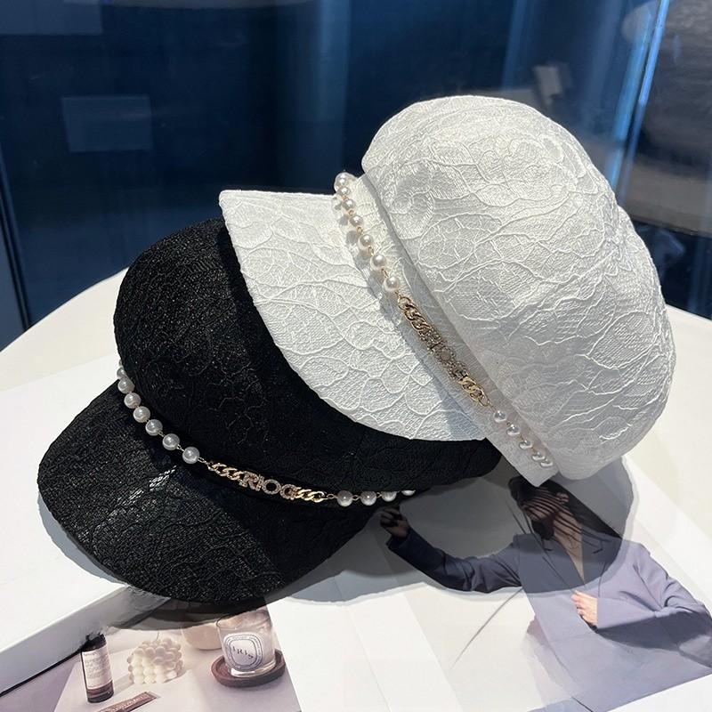 Pearl Chain Lace Octagonal Hat With Wide Brim For Sun Protection And Fashion
