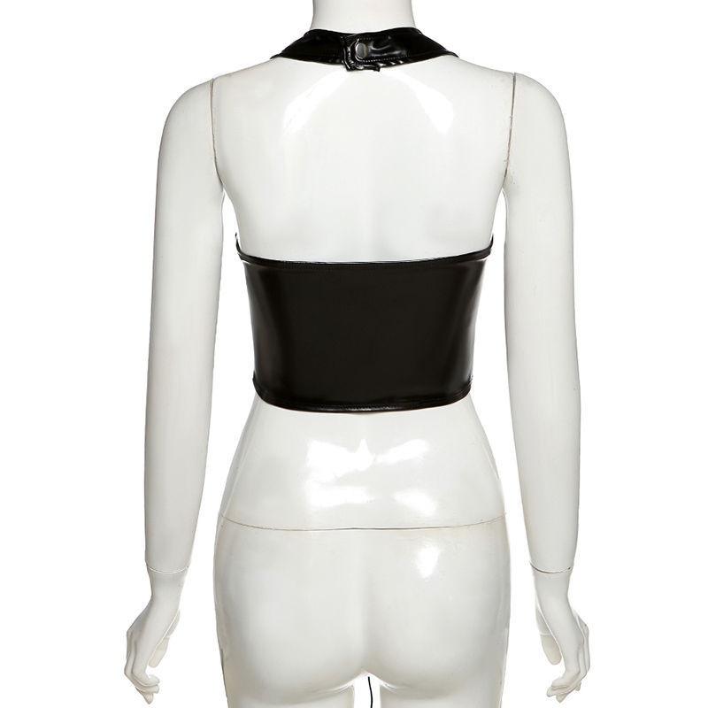 Fashion Goth Dark Grunge Pu Black Lace Up Gothic Halter Tops Punk Faux Leather Women Hollow Out Sexy Camis Fashion Streetwear Crop Tops