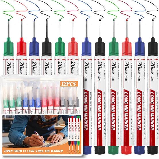 12 PCS Long Head Deep Hole Marker Pens, 20mm Long Nib Markers, Waterproof Quick Drying Colorful Carpenter Marking Tool for Office Supplies, Marker Pens A-12pcs-20mm