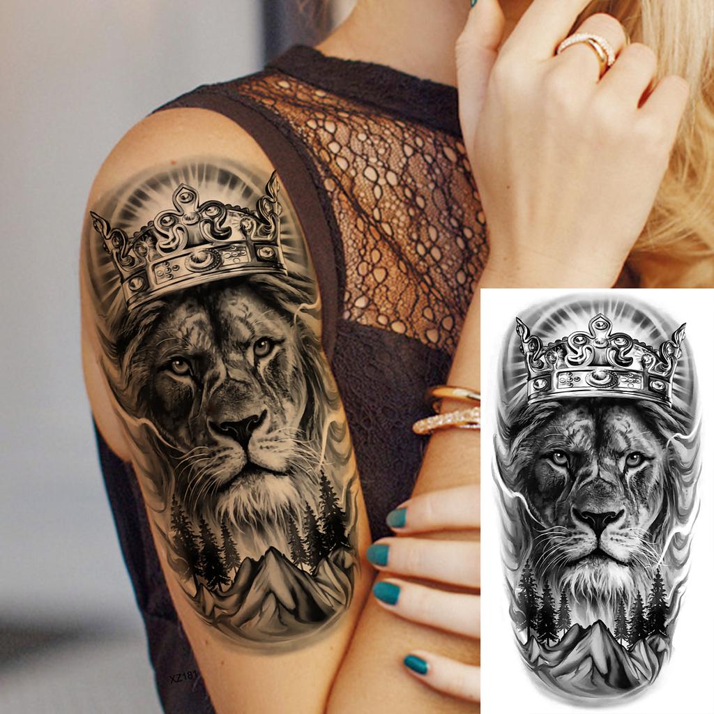 1 Sheet Lion Wolf Skeleton Nun Tiger Black Temporary Tattoos For Men Adult Leg Arm Compass Flower Fake Tattoo Sticker Waterproof