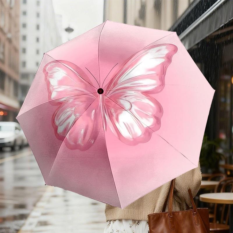 1pc Butterfly Pink Automatic Folding Umbrella 8 Rib Iron Frame,  Suitable for Travel, Daily Use, Birthday, Women & Men Gift c1231041