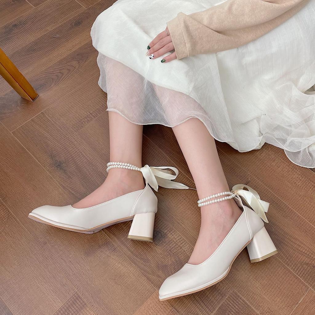 Mary Jane shoes 2025 new pearl chain bow high heels square head thick heel light mouth versatile single shoes
