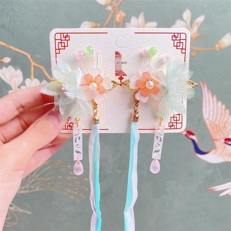 Children's Hanfu Hair Accessories: Fairy Butterfly Tassel Headdress & Ribbon Hairpin Set