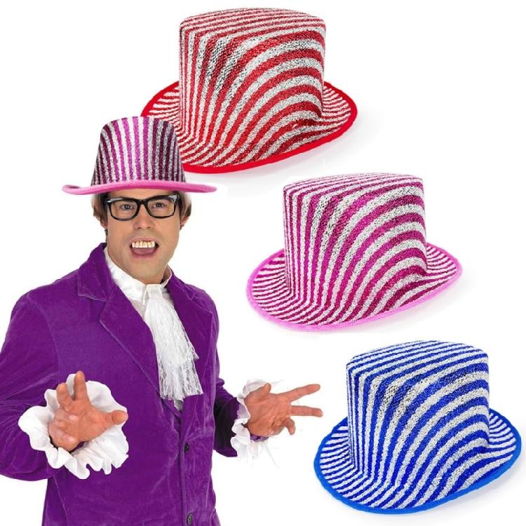 Lesklý kovový látkový pruhovaný cylindr pro dospělé Mažoretky Vystoupení Halloween Cosplay Kostým Párty Jevištní Událost