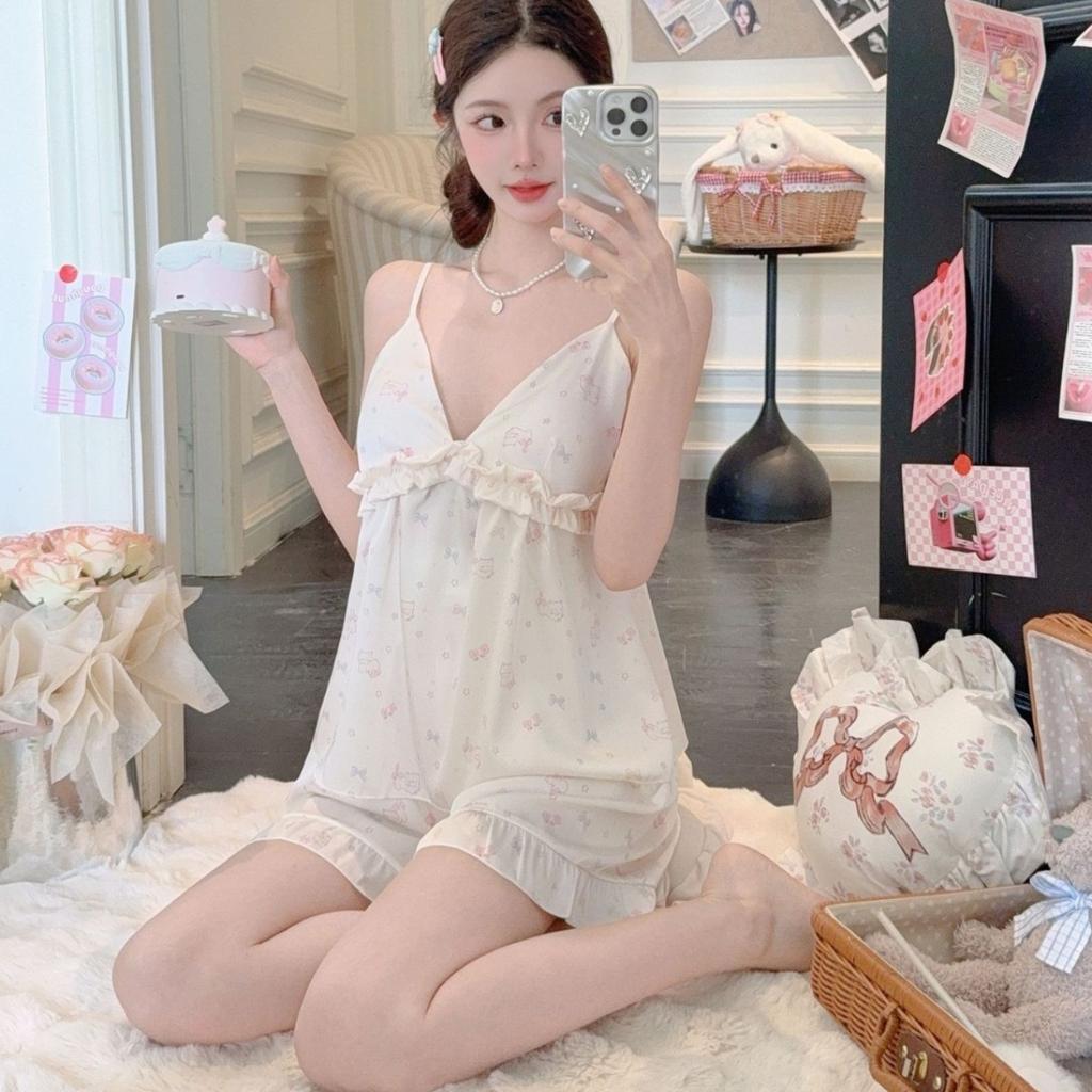 Summer new V-neck suspender nightdress women's sweet and cute cartoon suspender shorts student loungewear girl pink