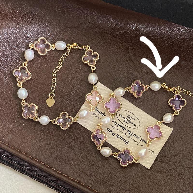 Pink Four-leaf Flower Bracelet Freshwater Pearl Natural Crystal Bracelet, Sweet Internet Celebrity Small Fragrance Citrine Bracelet.