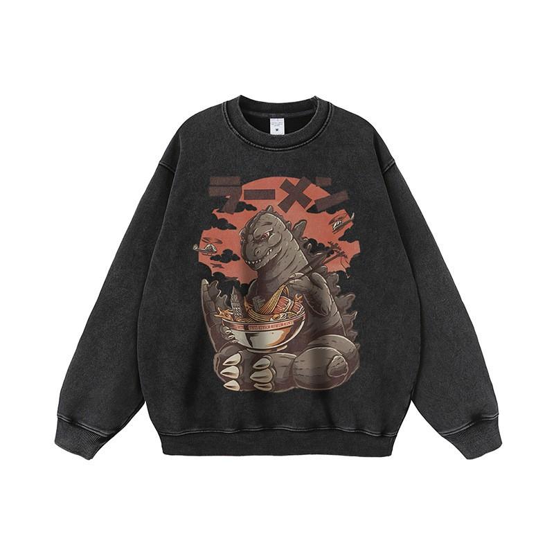 Unisex Oversized Hoodie With Cartoon Dinosaur Print Vintage Washed Cotton Streetwear