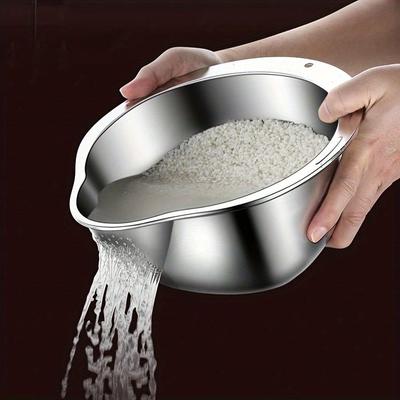 Cesto de drenagem de aço inoxidável, uma ferramenta mágica para lavar arroz, enxaguar frutas e drenar água, especialmente projetada para uso doméstico na cozinha