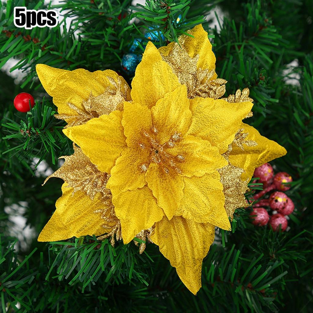 5X Christmas Large Poinsettia Glitter Flower Tree Hanging Party-Xmas Decor