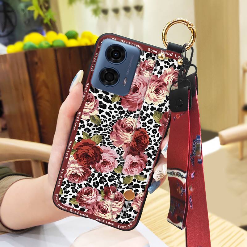 Anti-dust Wrist Strap Phone Case For MOTO G24 Power Lanyard For Mom Durable Wristband Fashion Kickstand Silicone Ring