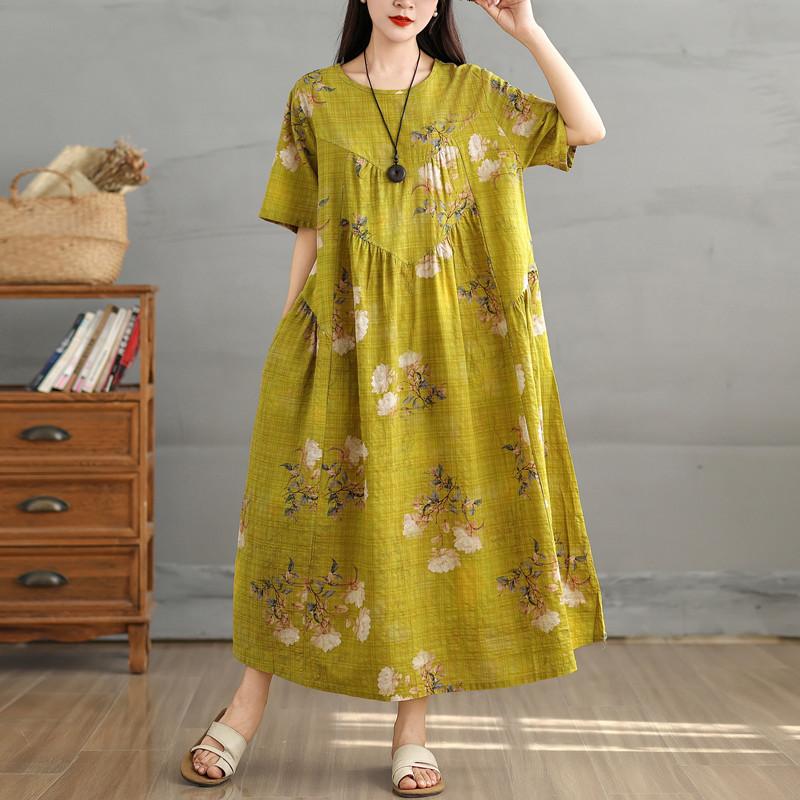 DIMANAF 2025 Women Plus Size Spring Summer Dress Casual Floral Dress Basic Vintage Loose Long Dress Maxi 9311