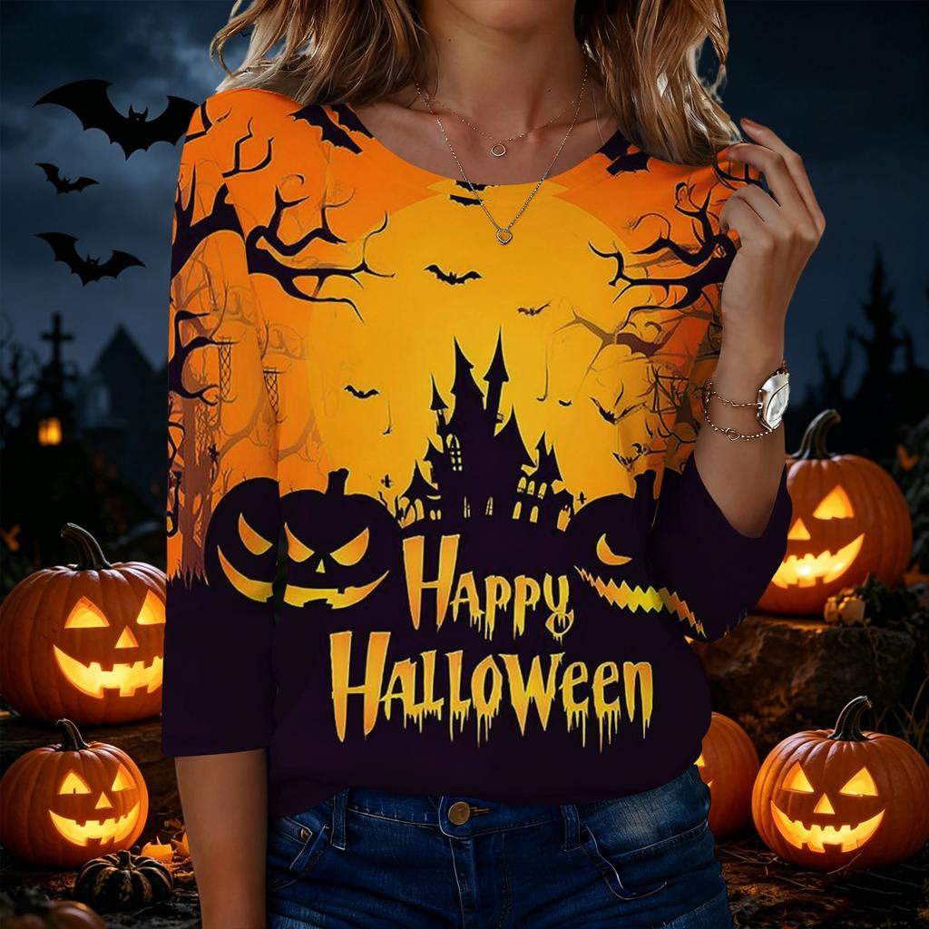 Women's Casual Halloween Print Round Neck Three Quarter Sleeve T Shirt Top Lightweight Comfortable Fit for Everyday Wear