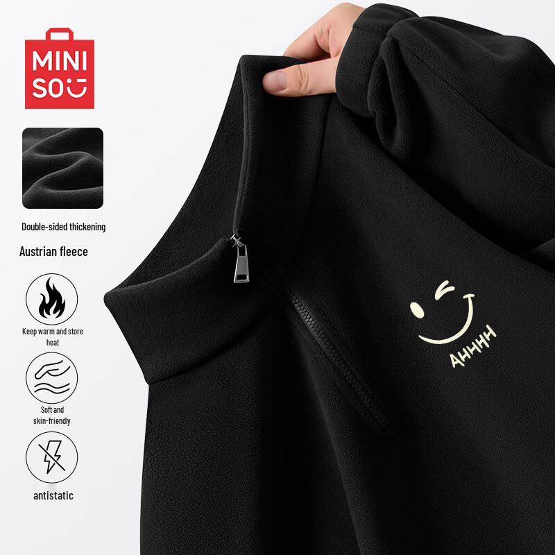 

MINISO Men s Half-Zip Fleece Lined Sweatshirt with Smiley Patch 3XL