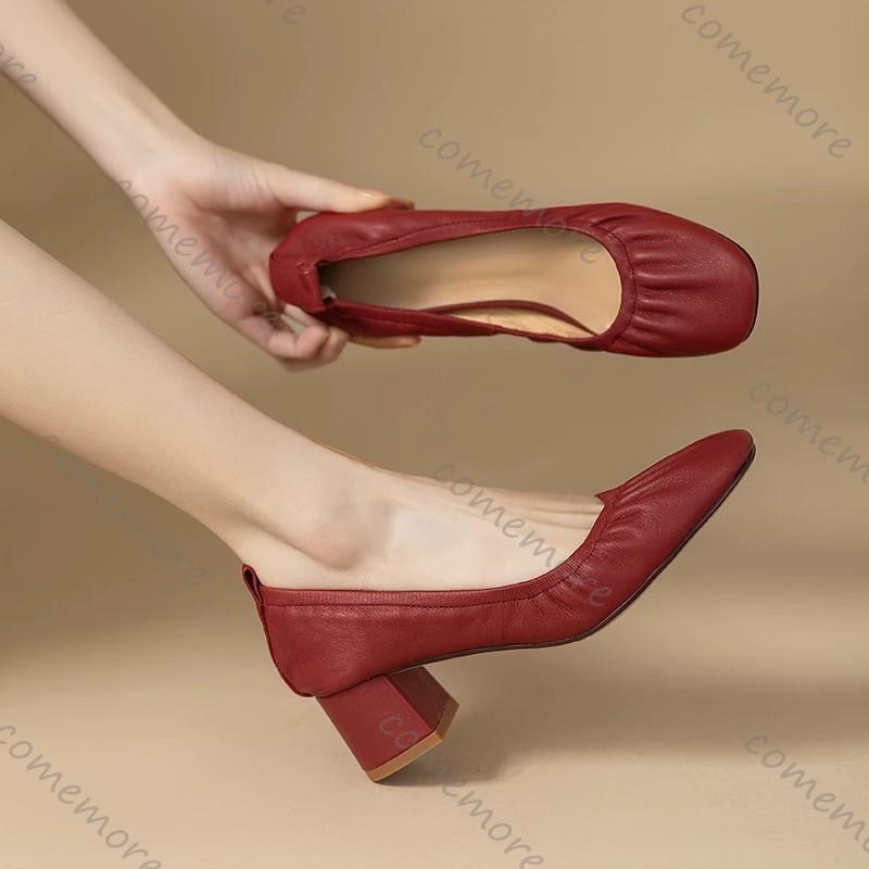 Fashion Comemore 2025 New Vintage Women's Pumps Shoes Round Toe Mid Heel Platform Shoes Retro Solid Color Chunky Heeled Red Dress Shoes