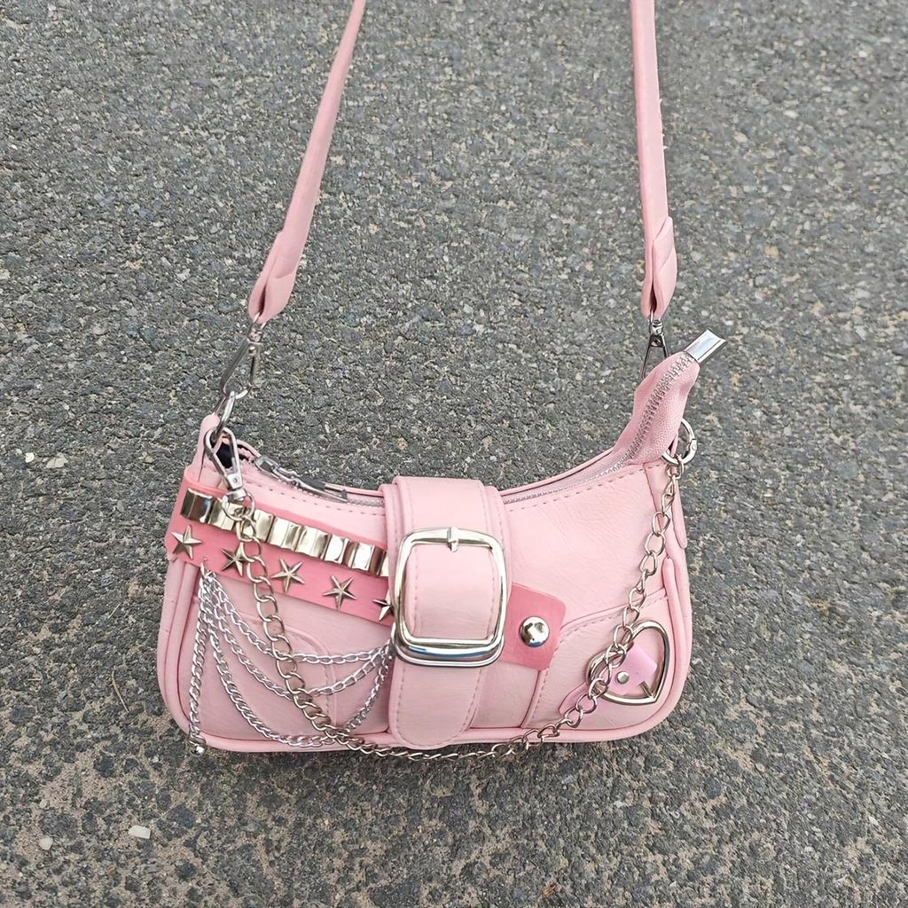Y2K Style Small Shoulder Bag with Magnetic Closure, Polyester Lining, Chain Strap, Punk-Inspired Design, Pastel Pink Color