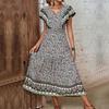 Vintage Ruffle Edge V-neck Print Dress