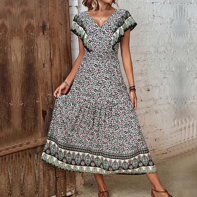 Vintage Ruffle Edge V-neck Print Dress