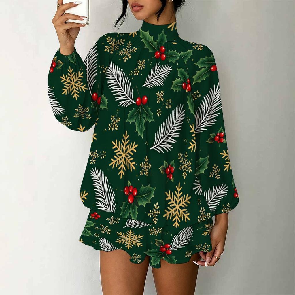 Women's 3D Christmas Tree Print Mock Neck Long Sleeve Dress, Raglan Sleeve Fake Two Piece Mini Dress