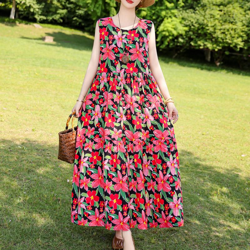 Elegant Sleeveless Dress for Women Plus Size Short Sleeve Vintage Print Long Dress Summer Casual Middle-aged Women's Clothing