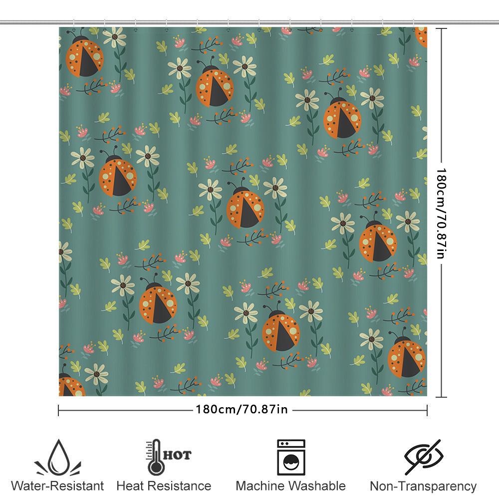 Ladybug Floral Printed Shower Curtain For Bathroom Decor, Quick Dry Waterproof Fabric, Polyester Bath Rug Mat Set Green