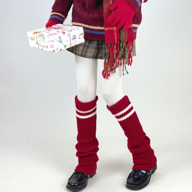 Women Thicken Ribbed Knit Leg Warmer Preppy Style Double Striped Leg Covers Snow Boot Cuffs Over Knee Stacked Long Socks