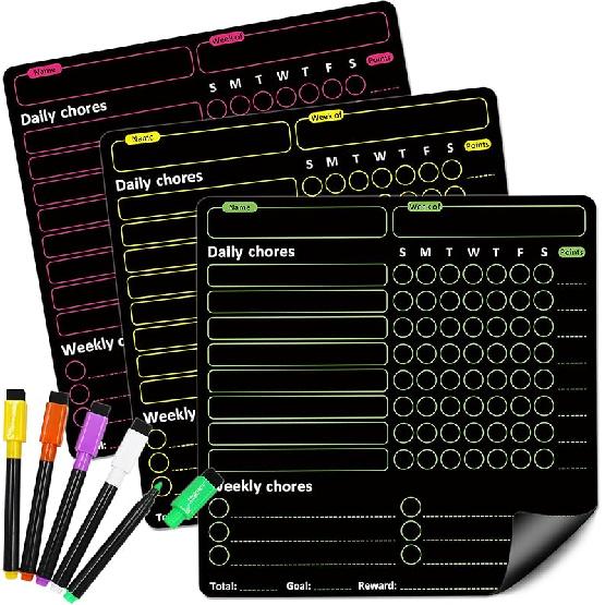 Магнитная таблица обязанностей для семьи - Ежедневная таблица ответственности с системой вознаграждений - Еженедельная доска с обязанностями для записи маркером (3 шт.) чёрный