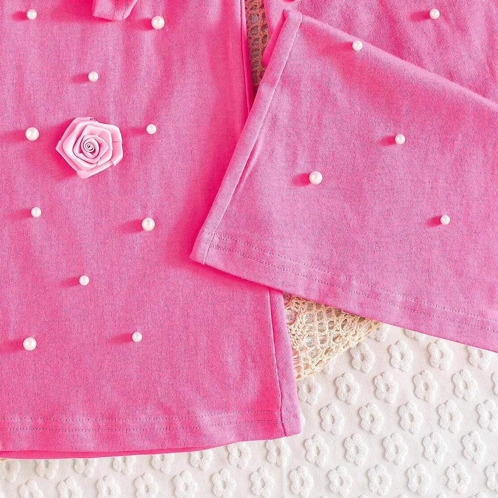 Girls' Rose & Pearl 2Pcs Short Sleeve Top & Pants Outfit