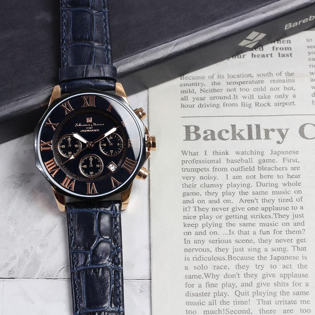 Salvatore Marra Men's Navy Chronograph Wristwatch, 10 ATM Water Resistant, Leather Strap, SM15104S-PGNVPG