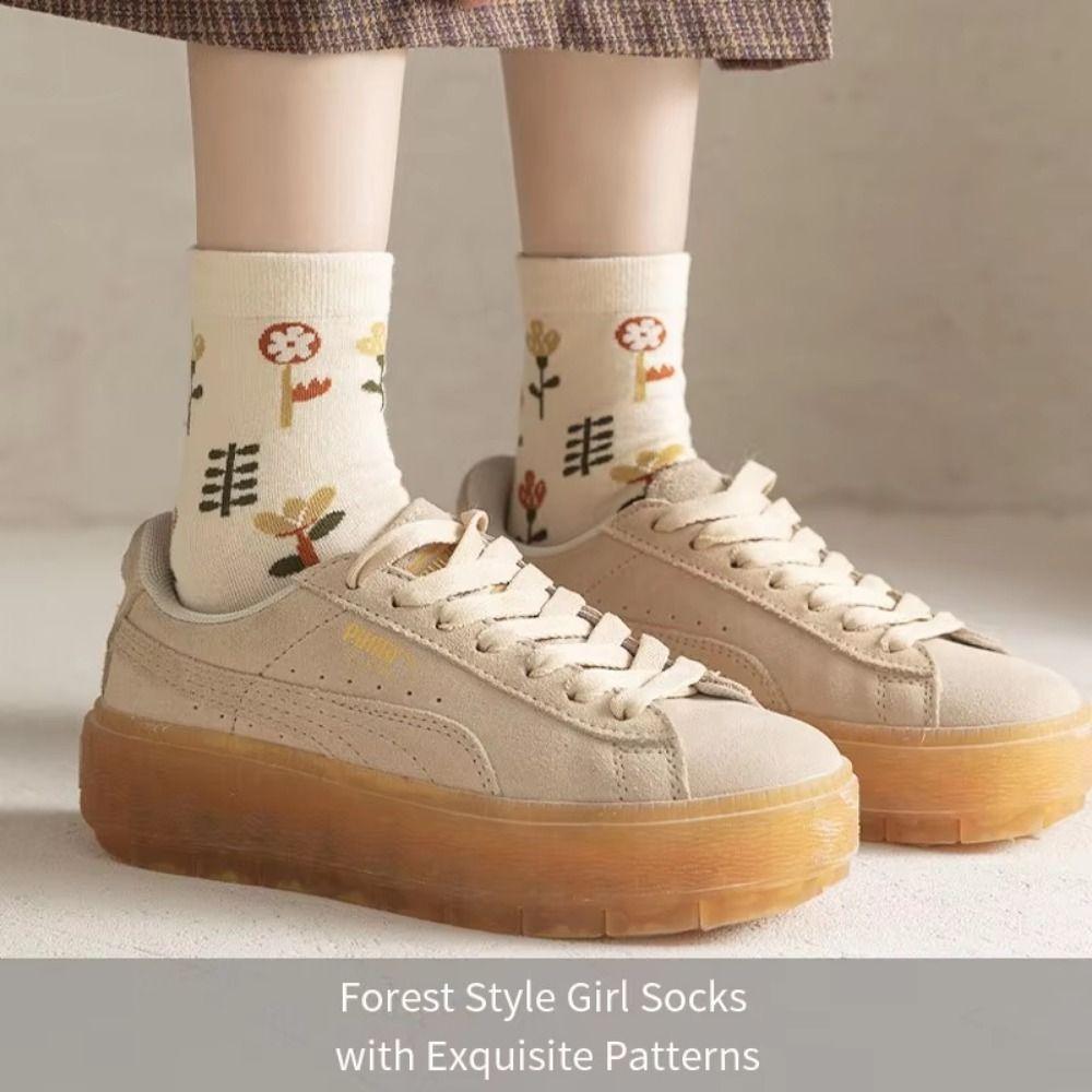 Flower Flower Middle Tube Socks Thickened Knitted Mid-tube Socks Floral Print Socks  Winter