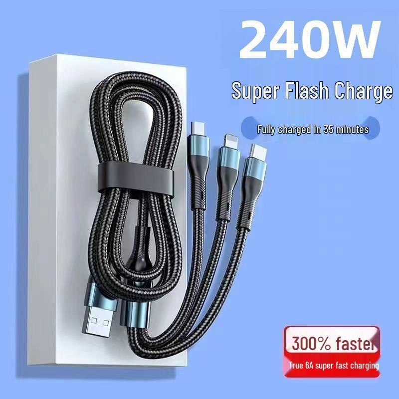 240W Fast Charging 3-in-1 Cable for Apple 13, Android, and Type-C.
