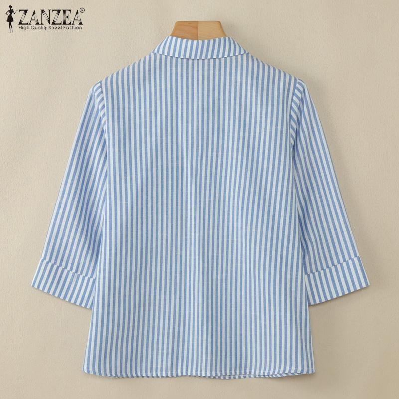 ZANZEA Women Turn Down Collar Loose Casual 3/4 Sleeve Stripe Blouse