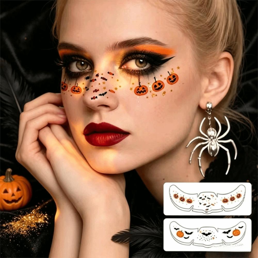 Bat Halloween Temporary Tattoo Waterproof Pumpkin Bat Ghost Stickers Facial Tattoo Stickers Women