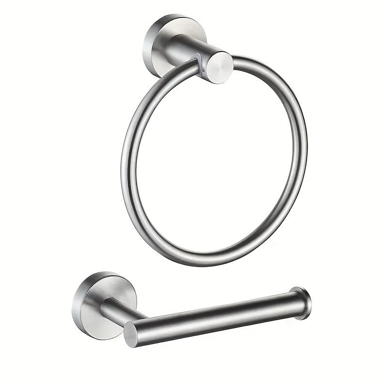 Stainless Steel Bathroom Set: Towel Ring, Towel Bar, and Tissue Holder.