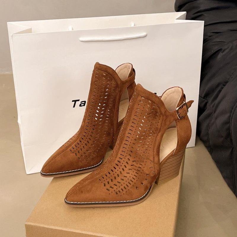 New Retro Pointed Toe Chunky Heels Hollow Women's Pump Sandals Flock High Heels Buckle Office Lady Women Shoes Summer Boot