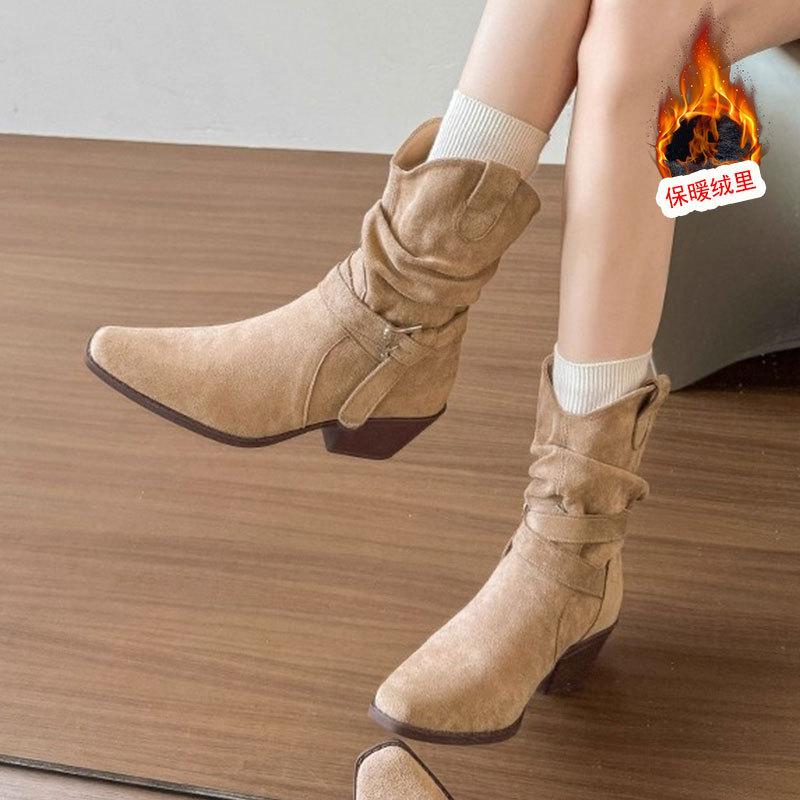 Vintage velvet pointed boots children 0000 new thick heel suede pleated pile boots Maillard short boots women looking thin