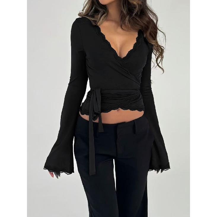 2026 New Women's Long-Sleeve T-Shirt with Lace Trim, Tie-Up V-Neck, Cropped Solid Color Top