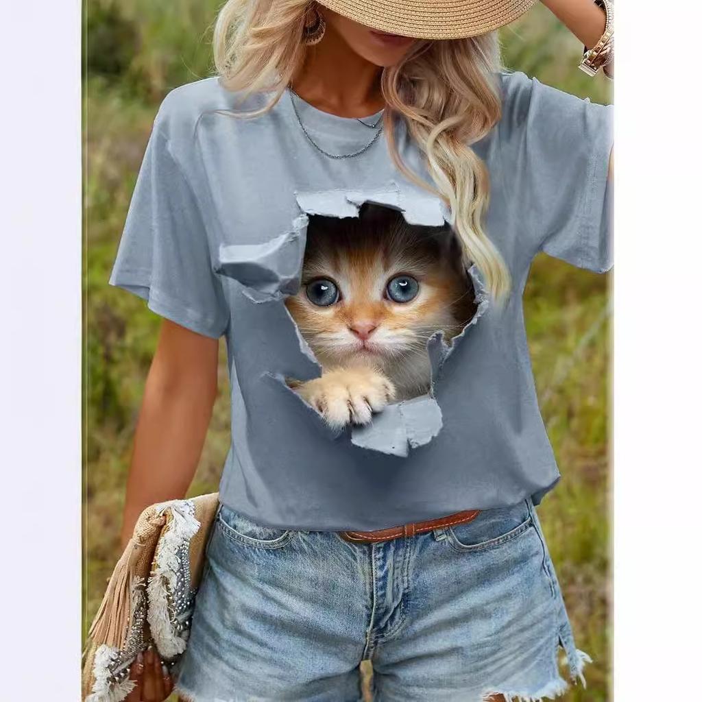 Summer Cute Cat Pattern Printed T-shirts for Commuting Elegant Short Sleeve Round Neck Women's T-shirts