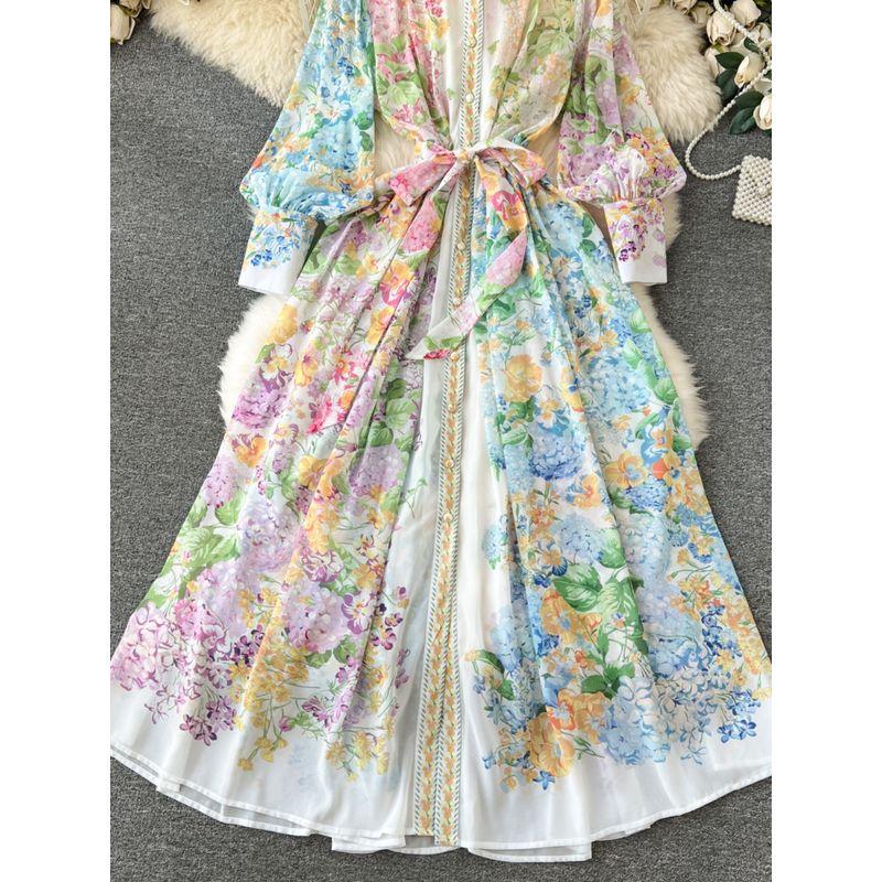 Flowers Elegant Stand-up Collar Slim Fit Long Dress Breasted