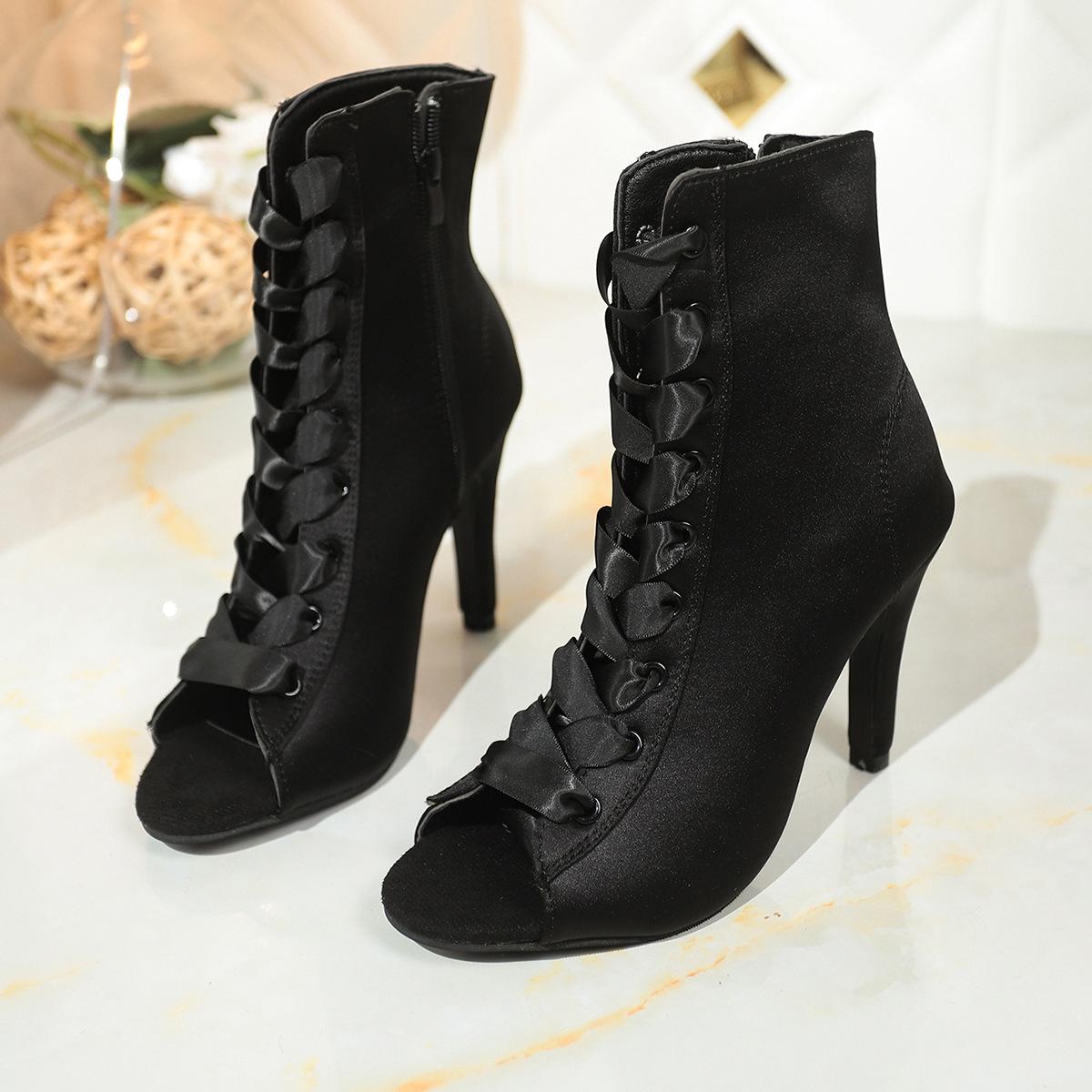 

New European and American foreign trade thin heel hollow fish mouth cool boots women s high heel lace-up breathable fashion short boots 43 чорний