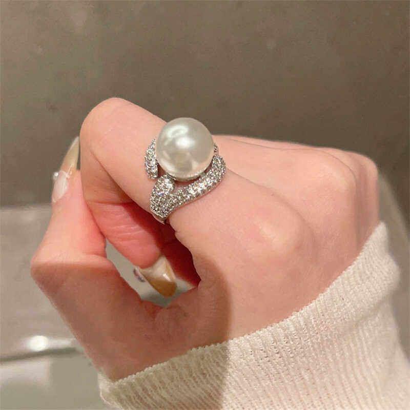 

Fashion Retro Super Flash Zircon Micro-Inlaid Cut Out Stylish Large Pearl Grace Versatile Opening Fancy Ring