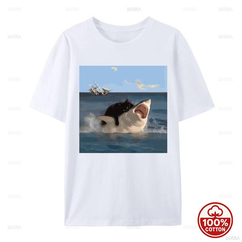 Cat Bites Shark Fun Art and Cat Lovers Fun Cat and Shark Print Tops Shirt Plain Tops Hip Hop Tshirts Unisex Soft Cotton Clothing