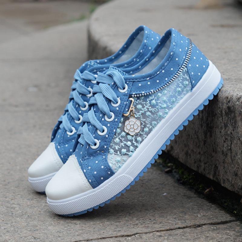 Damen Cut-Outs Spitze Netz Denim Schuhe Frau Sommer Flach Freizeit Schuhe Atmungsaktive Stoffschuhe Studenten Sneaker