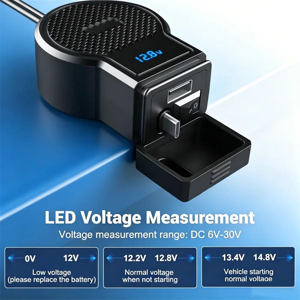 72W 12V Motorrad USB-Steckdose Typ-C Einziehbarer Ladeadapter Netzteil Doppelanschluss PD+QC3.0 mit Schalter Wasserdichtes Digitales Voltmeter