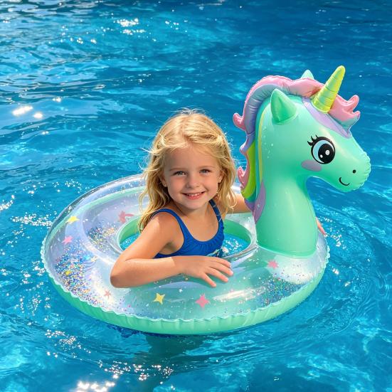 Cartoon Horse Swim Ring with Seat Handle Kids Inflatable Thickened PVC