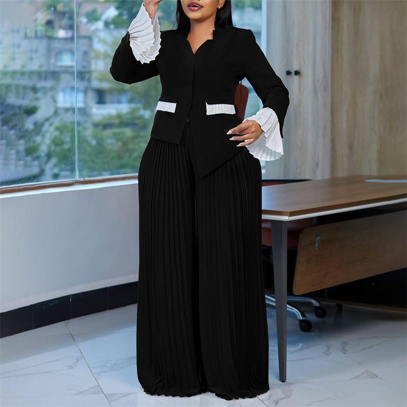 

Women 2 Set Suit Ladies Tops Pants Top Pleat Wide Leg Suit Color Block Two-piece Set Black Pants XXXL
