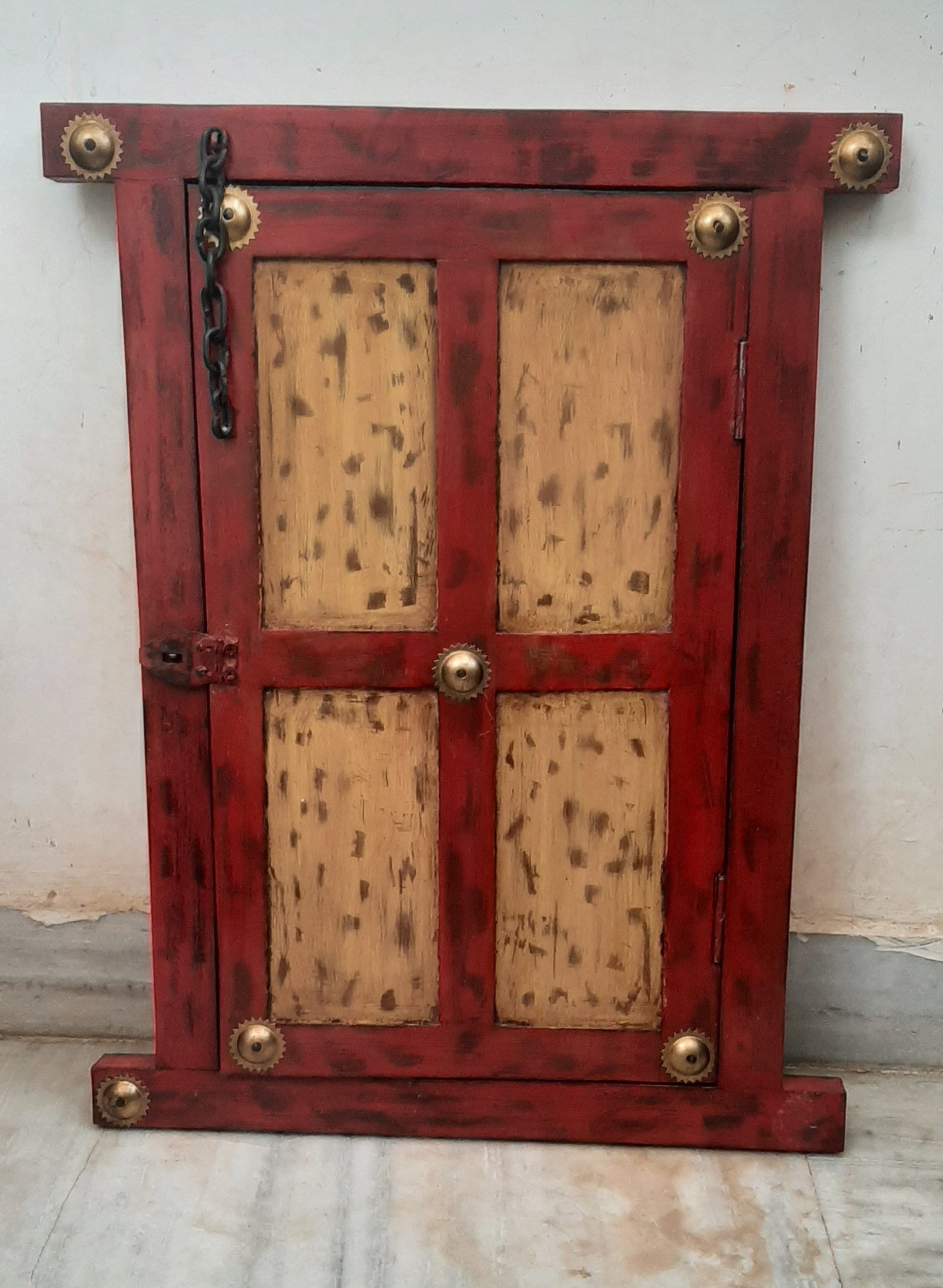 Hand Painted Indian Window: Red Wooden Jharokha, Brass Flowers разноцветный