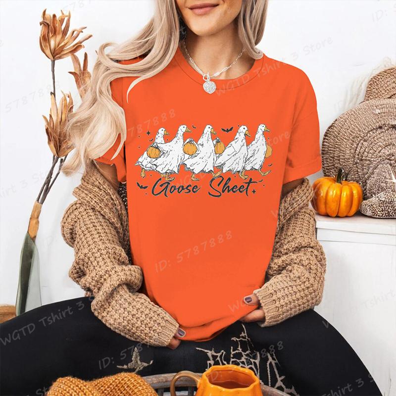 Funny Halloween Skeleton  Pumpkin Letter Print Tshirts Trendy Casual Short Sleeve Crew Neck Tees Tops Womens Clothing