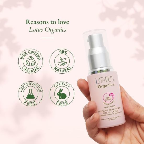 Lotus Organics+ Ser și Cremă Prețioase pentru Luminozitate | Bujor Alb 100% Organic | Fără Sulfat și Parabeni | Toate Tipurile de Piele | 30g