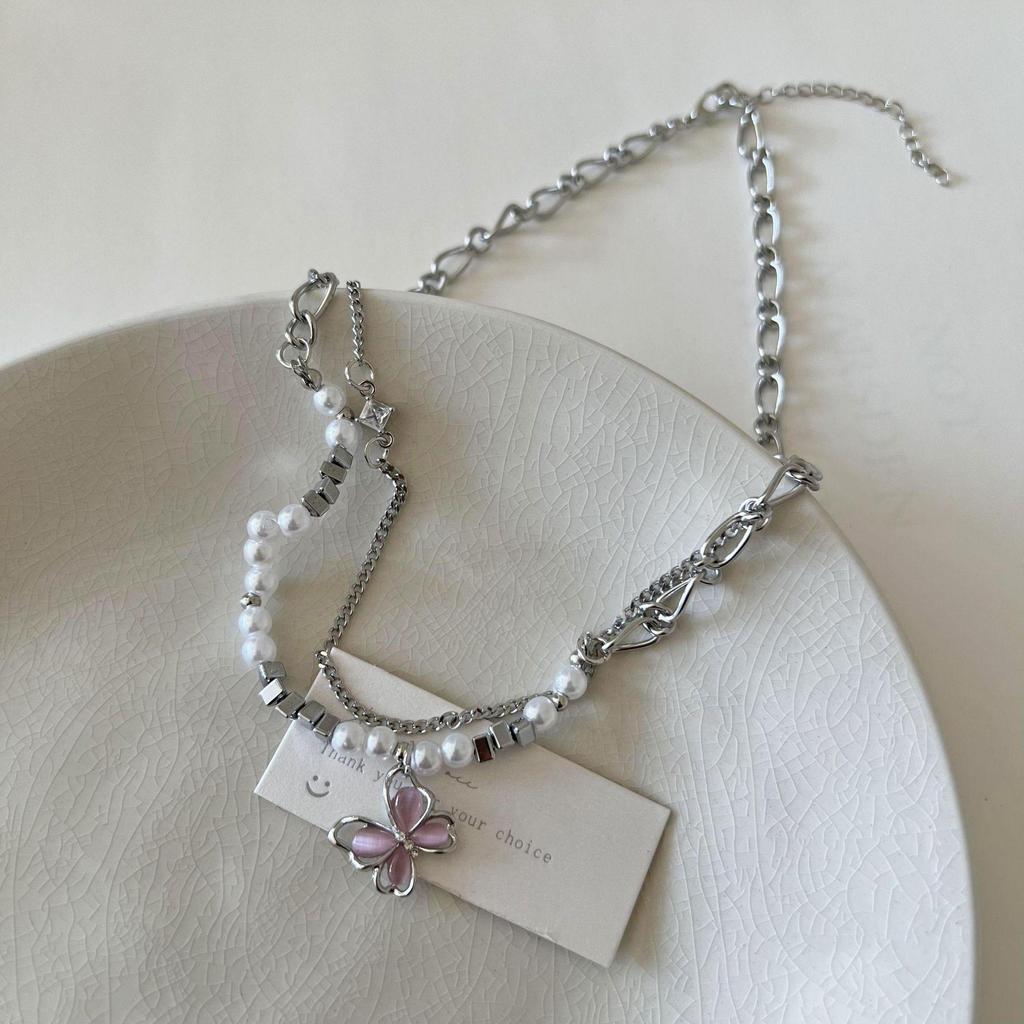 Y2K Titanium Steel Hollow Butterfly Double-Layer Necklace for Women - Light Luxury Clavicle Chain Choker