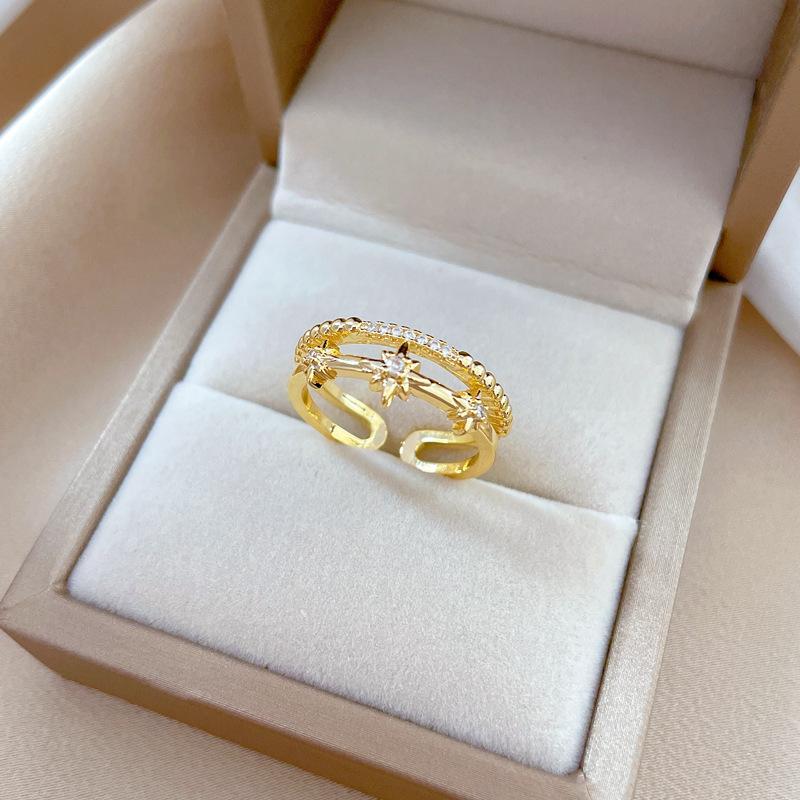 Real Gold Light Luxury Full Diamond Star Ring Opening Adjustable Simple Jewelry Japanese Ring Couple Ring